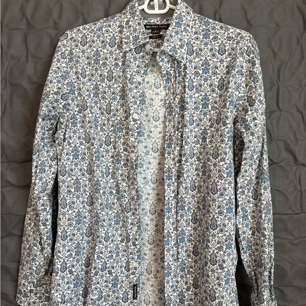 Michael Kors Blue and White Floral Button-Up Shirt Jacket
